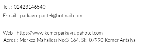 Park Avrupa Hotel telefon numaralar, faks, e-mail, posta adresi ve iletiim bilgileri